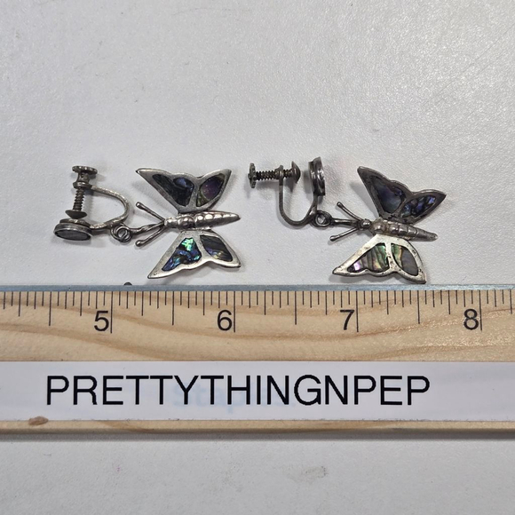 Sterling Silver Butterfly Clip-On Earrings Screwback Abalone Shell Inlay Dainty - Picture 3 of 7